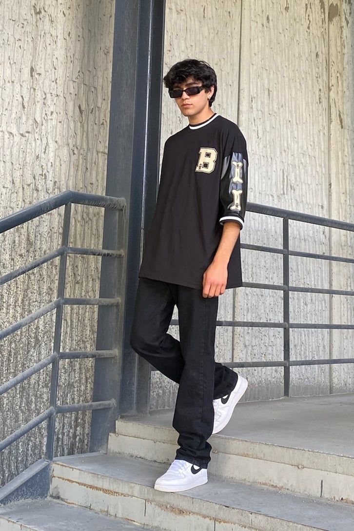 Letter Patched Siyah Oversize Tshirt