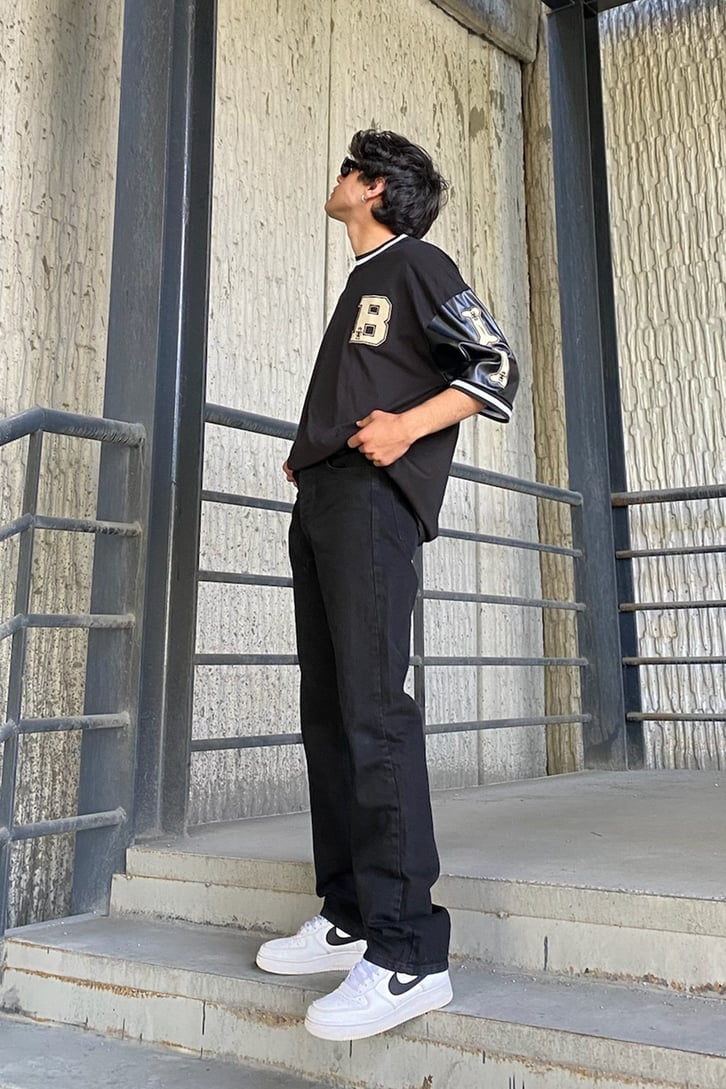 Letter Patched Siyah Oversize Tshirt