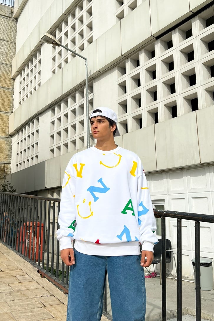 Letter Smile Baskılı Beyaz Oversize Sweatshirt