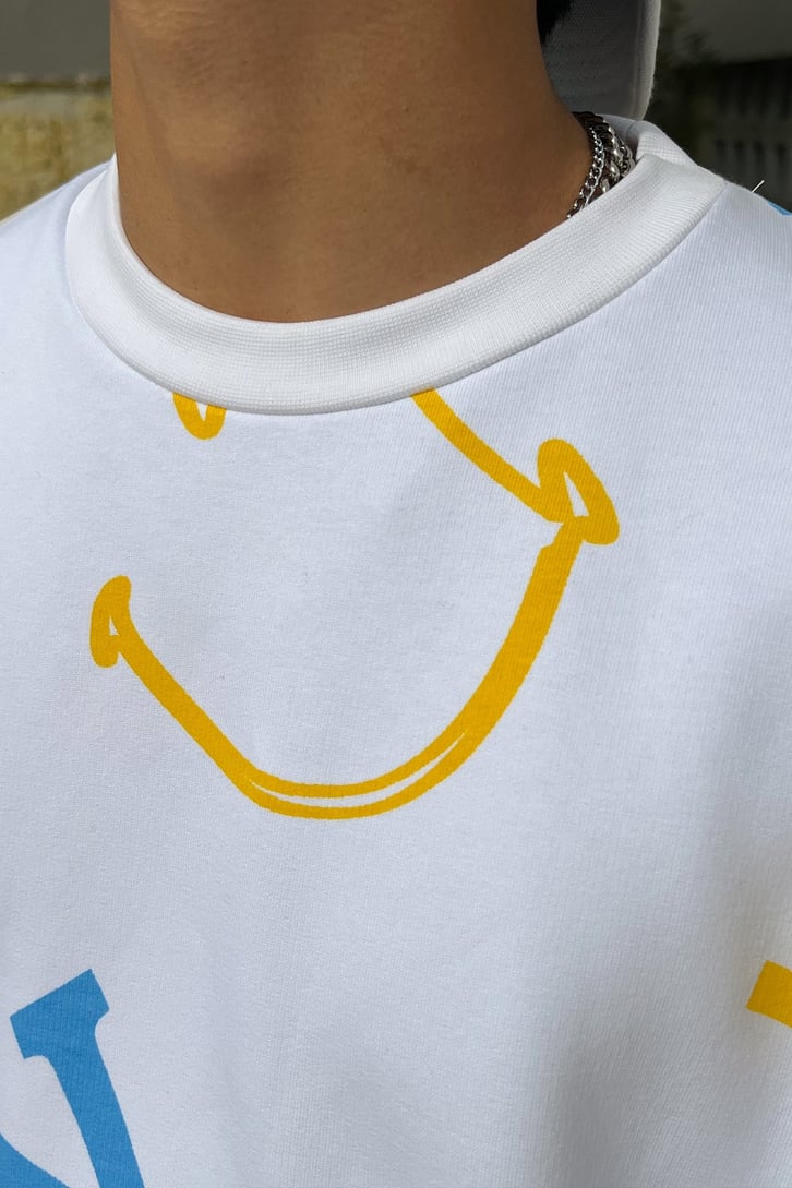 Letter Smile Baskılı Beyaz Oversize Sweatshirt