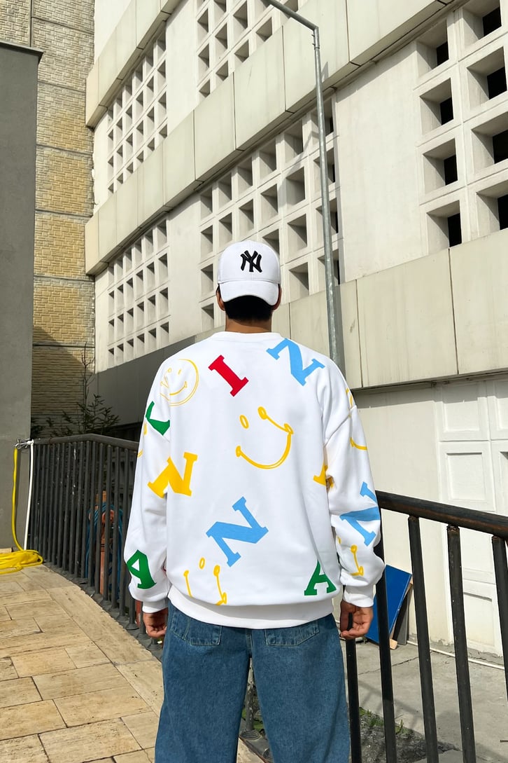 Letter Smile Baskılı Beyaz Oversize Sweatshirt