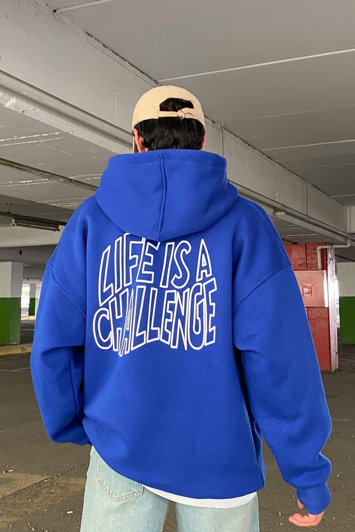 Life is a Challange Blue Oversize Printed Hoodie