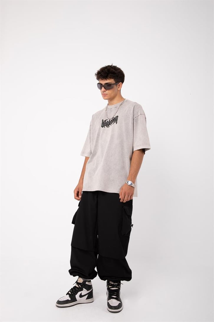 Life is Pain Nakışlı Acid Wash Oversize Tişört