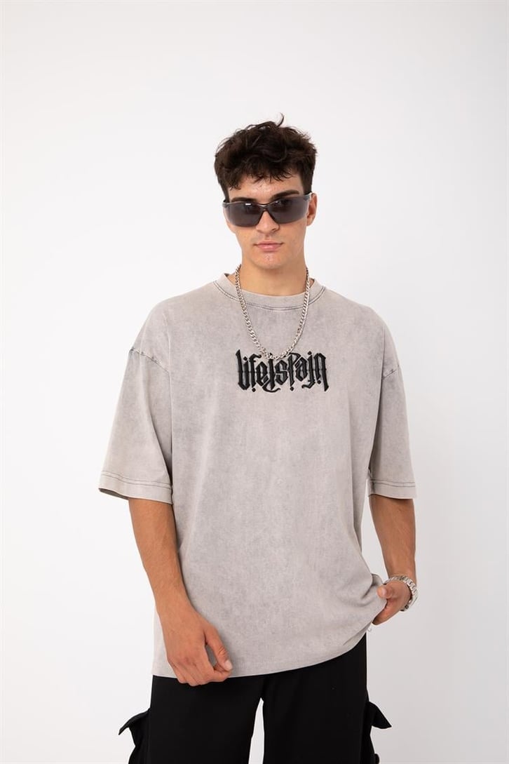 Life is Pain Nakışlı Acid Wash Oversize Tişört