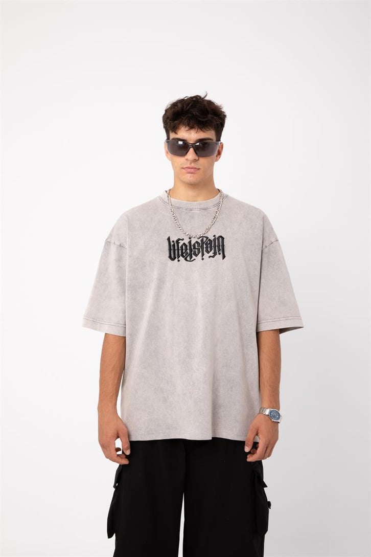 Life is Pain Nakışlı Acid Wash Oversize Tişört
