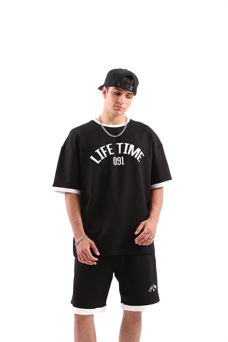 Life Time Baskılı Siyah Şortlu Takım