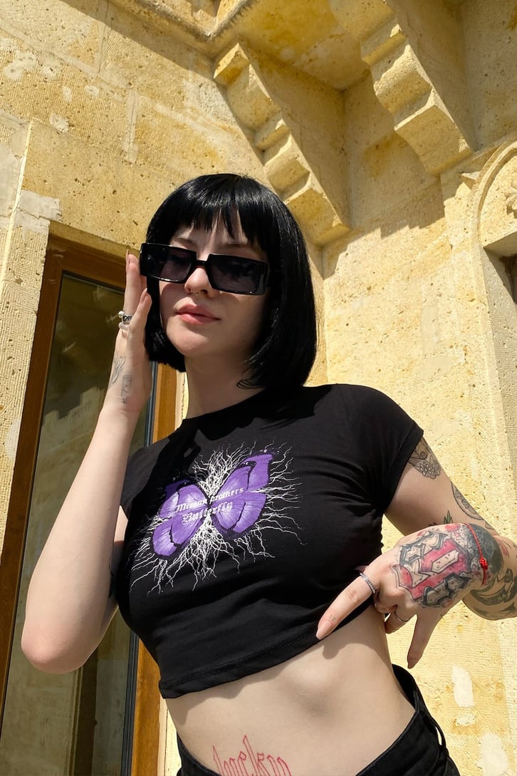 Lighting Butterfly Baskılı Siyah Tshirt