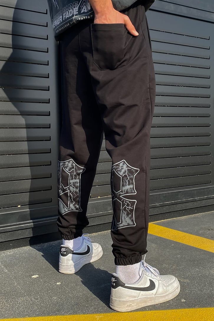 Lightning Baskı Detaylı Siyah Jogger Eşofman