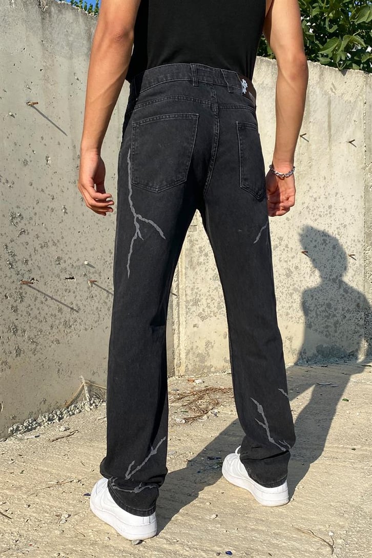 Lightning Baskılı Siyah Regular Fit Jean
