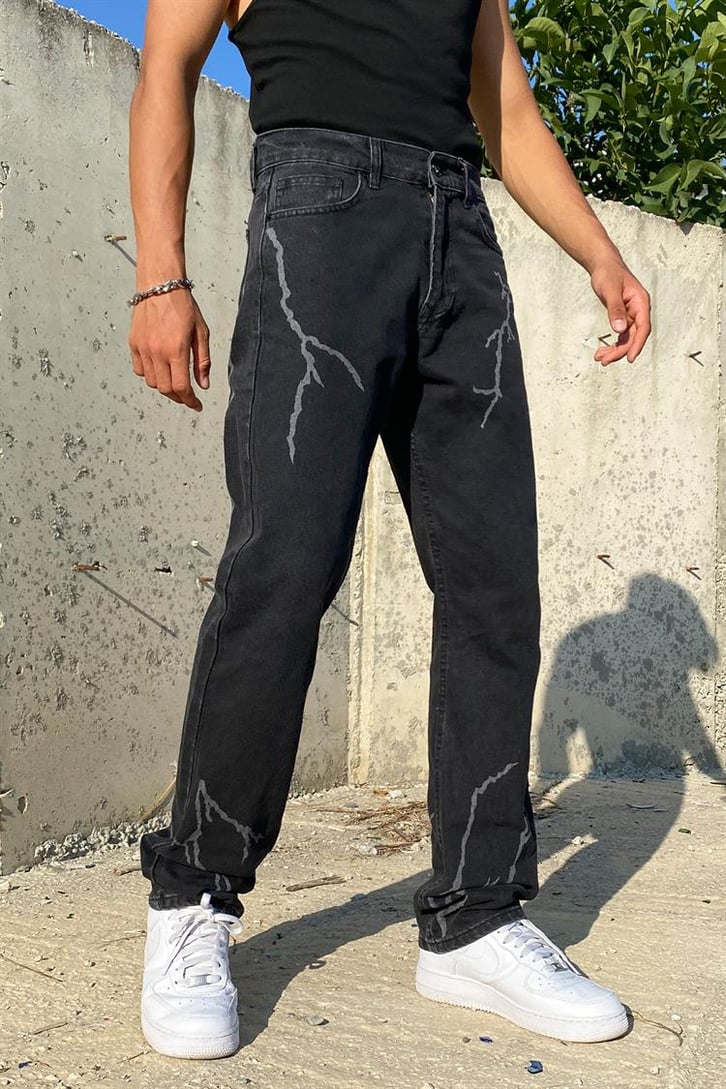 Lightning Baskılı Siyah Regular Fit Jean