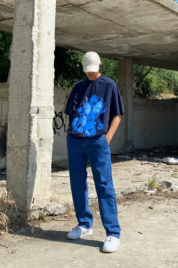 Lightning Butterfly Baskılı Lacivert Oversize Tshirt