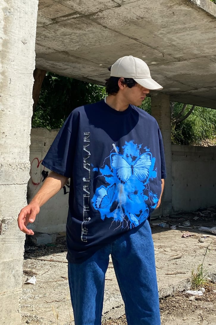 Lightning Butterfly Baskılı Lacivert Oversize Tshirt