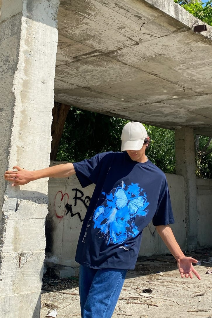 Lightning Butterfly Baskılı Lacivert Oversize Tshirt