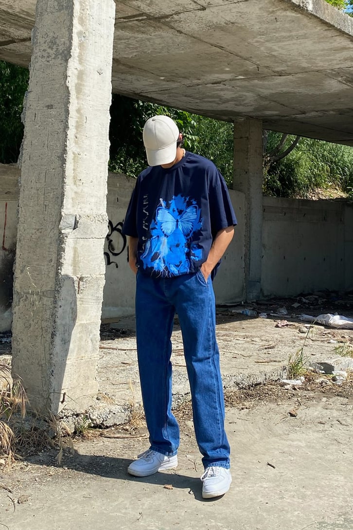 Lightning Butterfly Baskılı Lacivert Oversize Tshirt