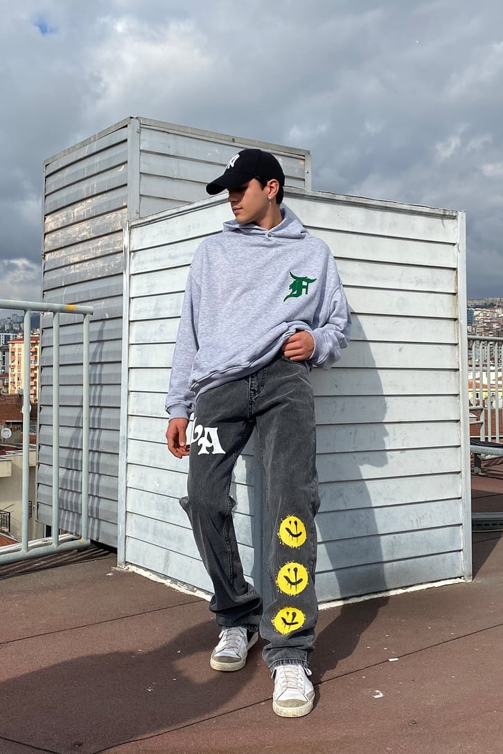 Lightning Effect Gri Straight Fit Pants