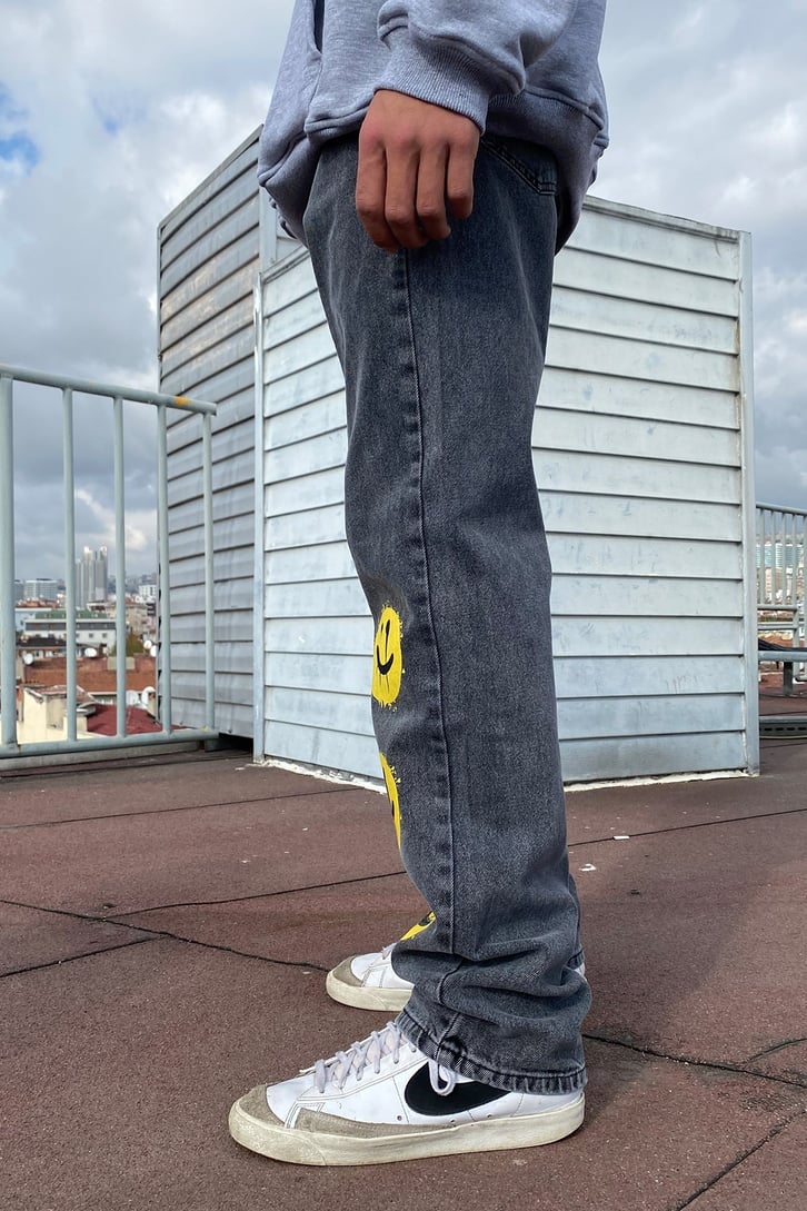 Lightning Effect Gri Straight Fit Pants