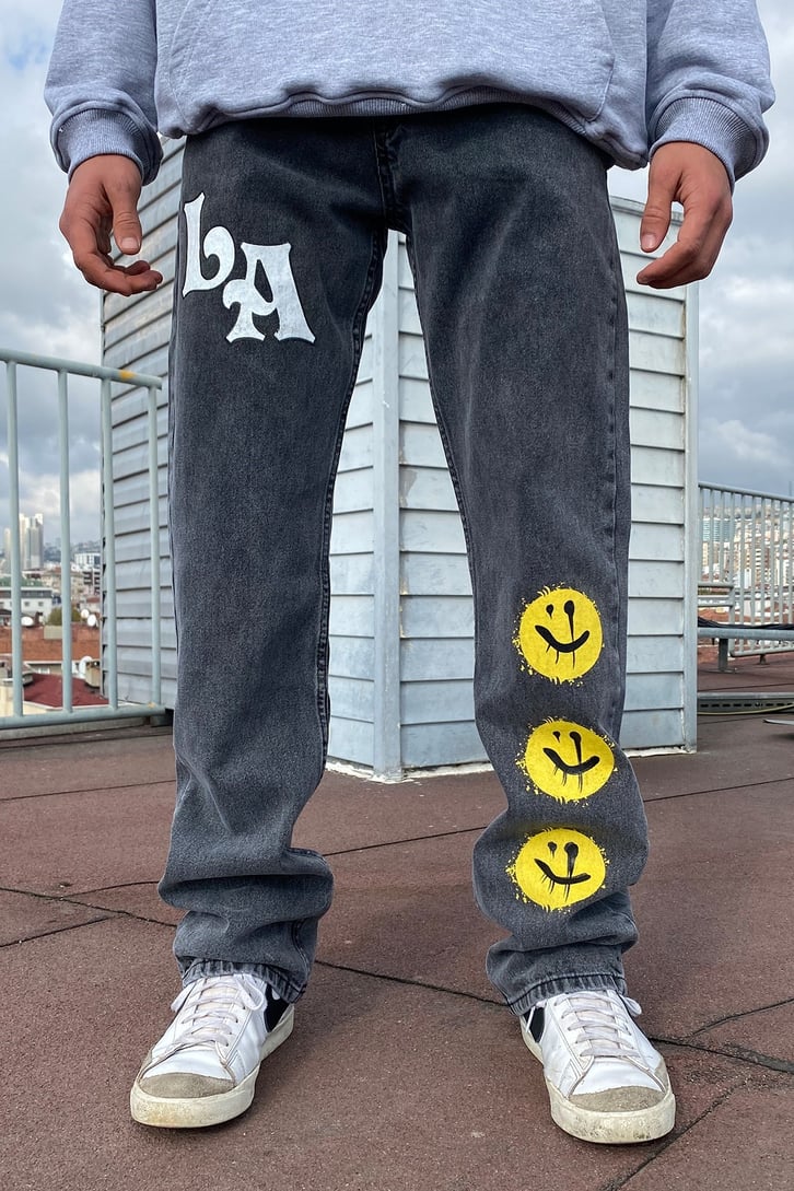 Lightning Effect Gri Straight Fit Pants