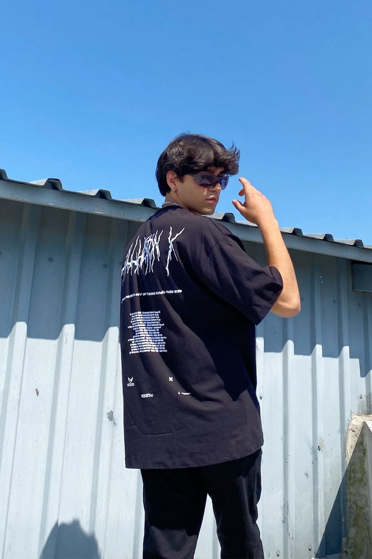 Lightning Letter Baskılı Siyah Oversize Tshirt