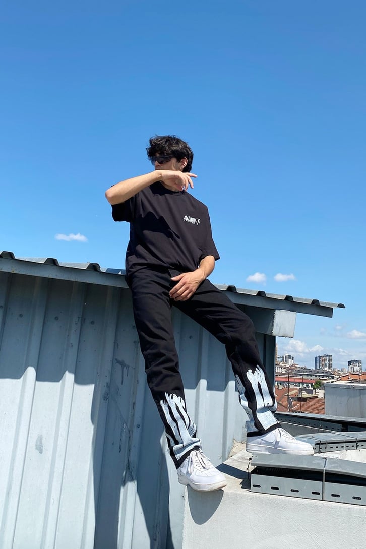 Lightning Letter Baskılı Siyah Oversize Tshirt
