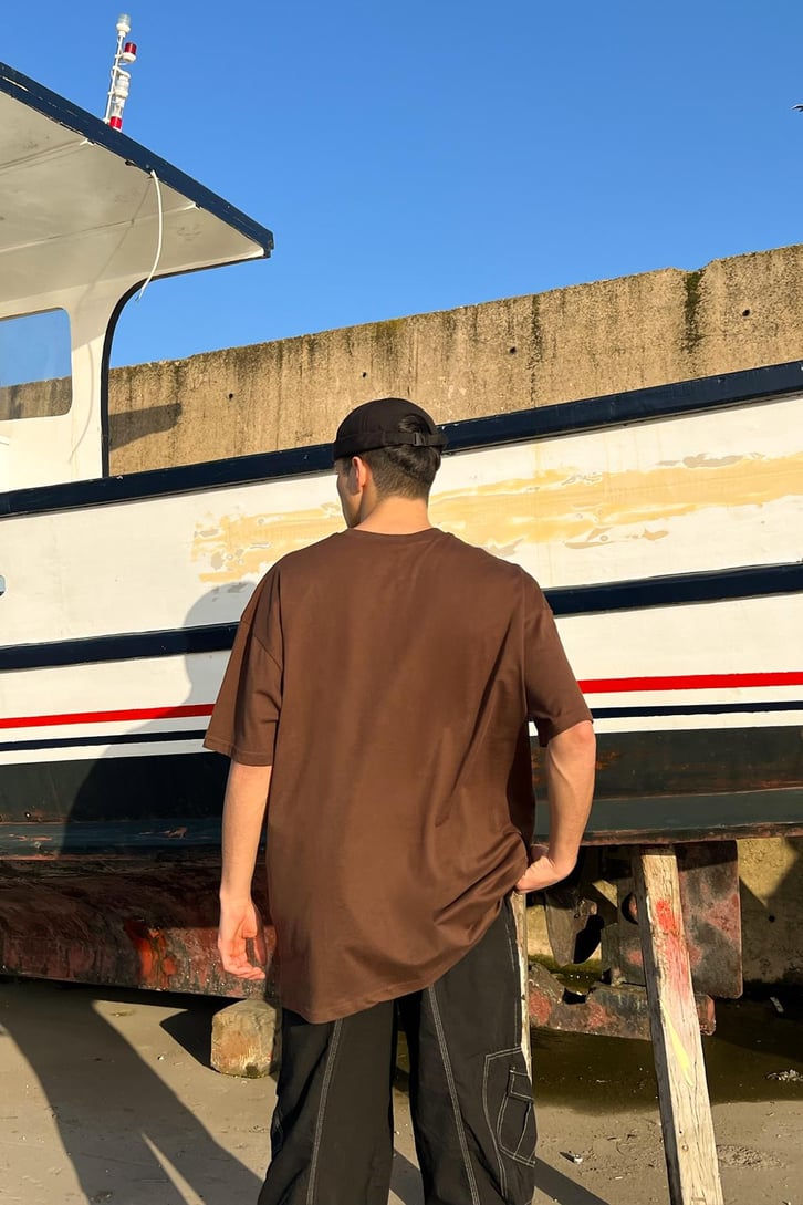 Limited Bird Baskılı Kahverengi Oversize Tshirt