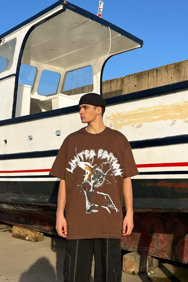 Limited Bird Baskılı Kahverengi Oversize Tshirt