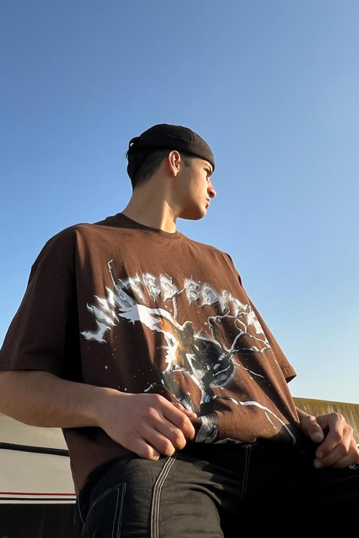 Limited Bird Baskılı Kahverengi Oversize Tshirt