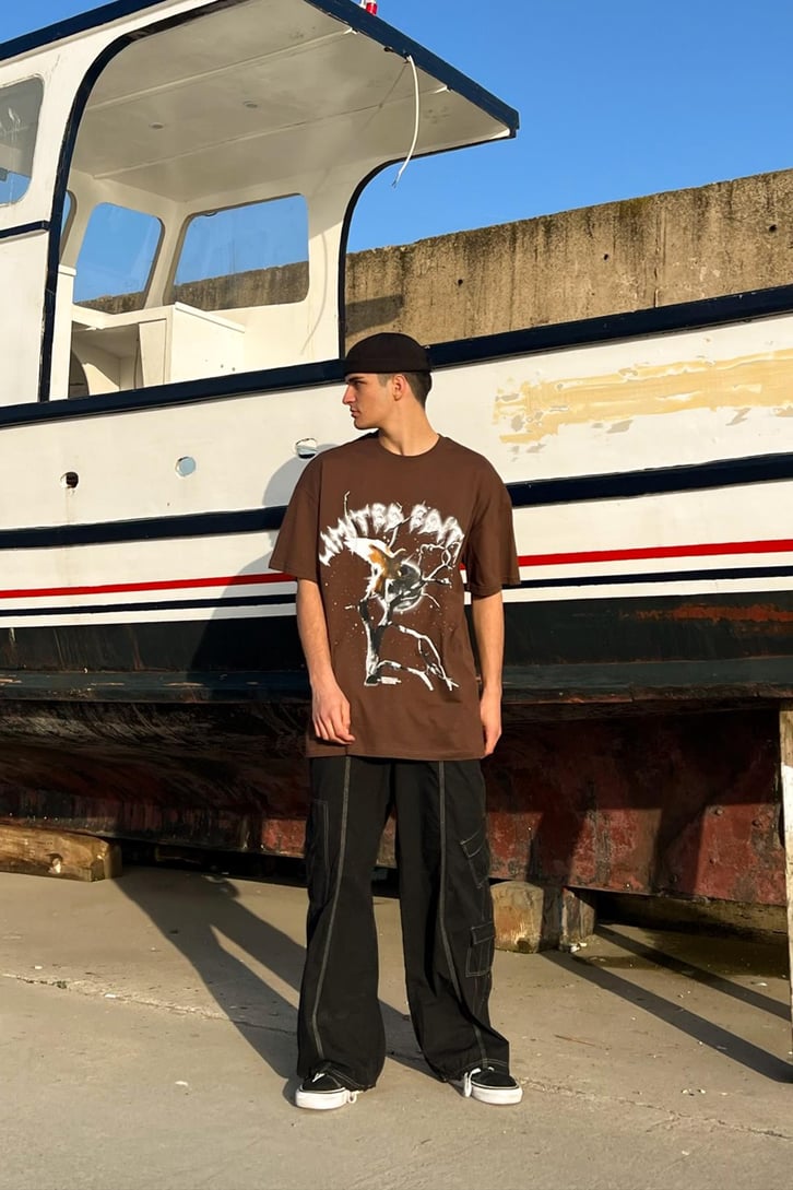 Limited Bird Baskılı Kahverengi Oversize Tshirt
