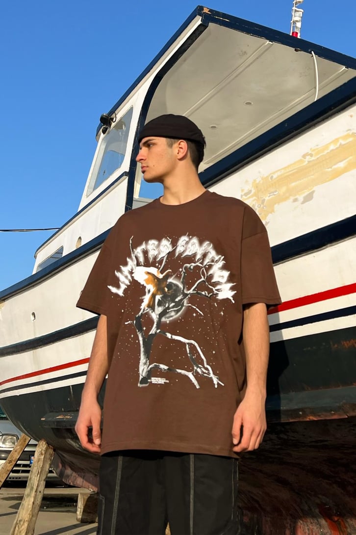 Limited Bird Baskılı Kahverengi Oversize Tshirt