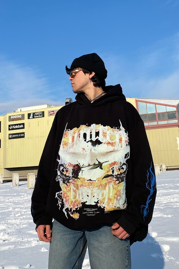 Limited Edition Front Printed Super Oversize Premium Siyah Hoodie