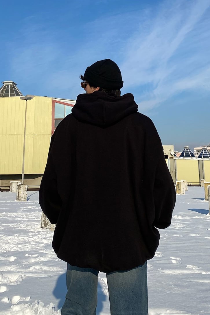 Limited Edition Front Printed Super Oversize Premium Siyah Hoodie
