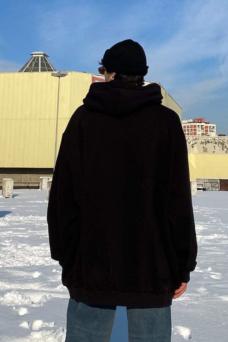Limited Edition Front Printed Super Oversize Premium Siyah Hoodie