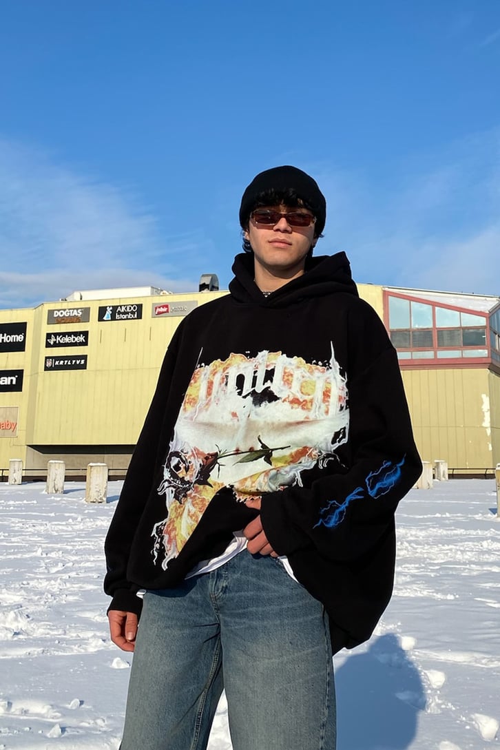 Limited Edition Front Printed Super Oversize Premium Siyah Hoodie