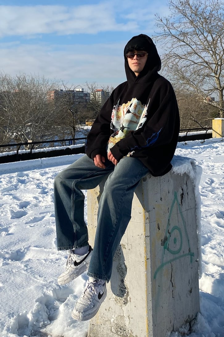 Limited Edition Front Printed Super Oversize Premium Siyah Hoodie