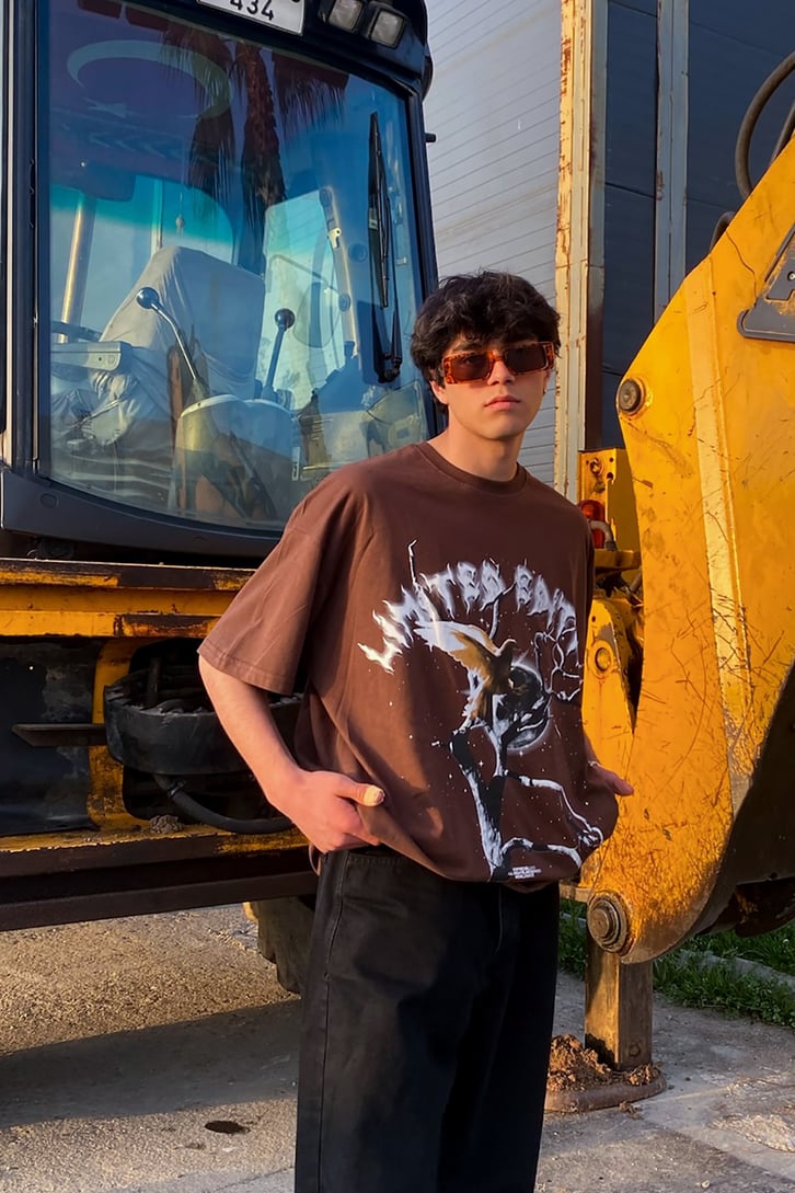 Linghtning Limited Edition Baskılı Kahverengi Oversize Tshirt
