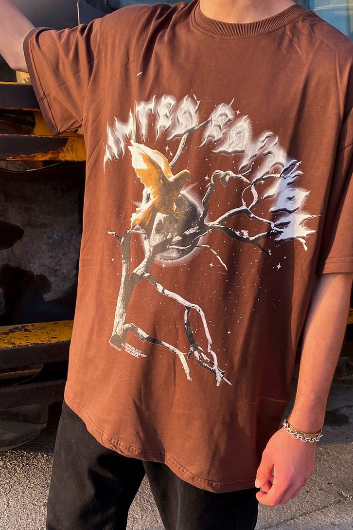 Linghtning Limited Edition Baskılı Kahverengi Oversize Tshirt