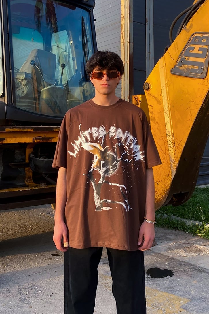 Linghtning Limited Edition Baskılı Kahverengi Oversize Tshirt