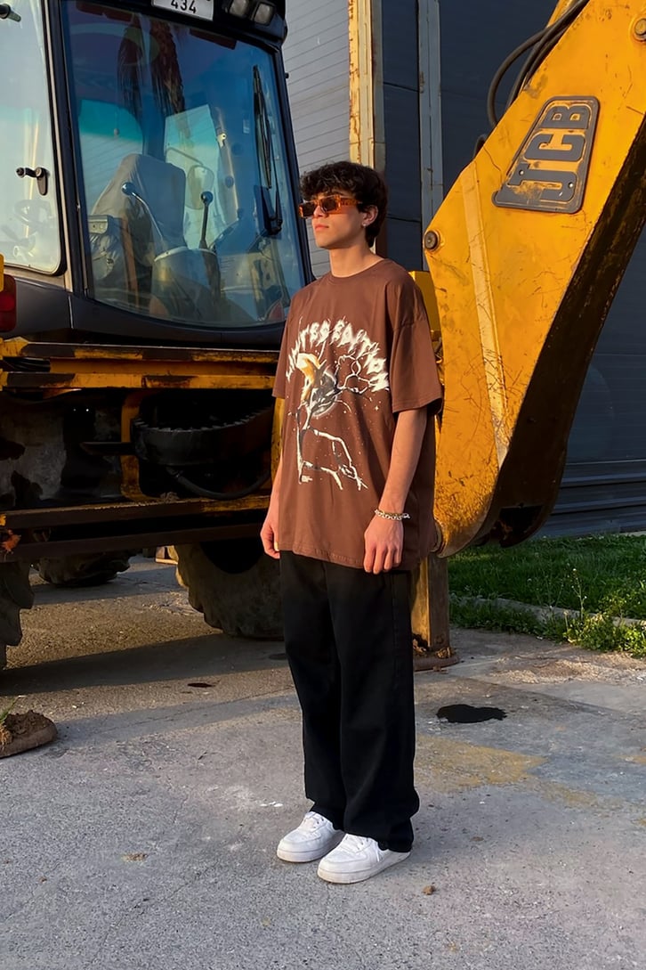 Linghtning Limited Edition Baskılı Kahverengi Oversize Tshirt
