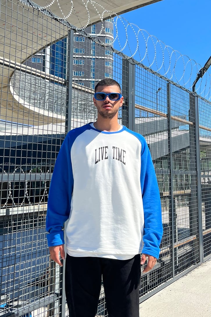 Live Time Baskılı Saks Mavisi Oversize Sweatshirt