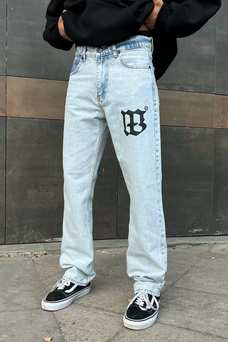 Logo Baskılı Buz Mavi Regular Fit Jean