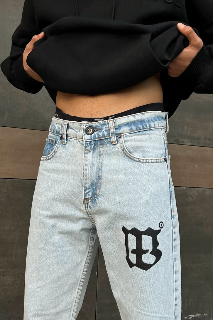 Logo Baskılı Buz Mavi Regular Fit Jean