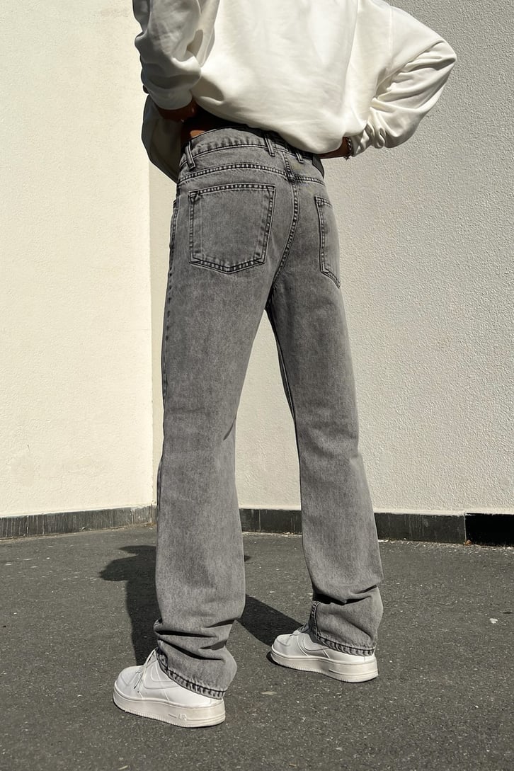 Logo Baskılı Gri Acid Wash Regular Fit Jean