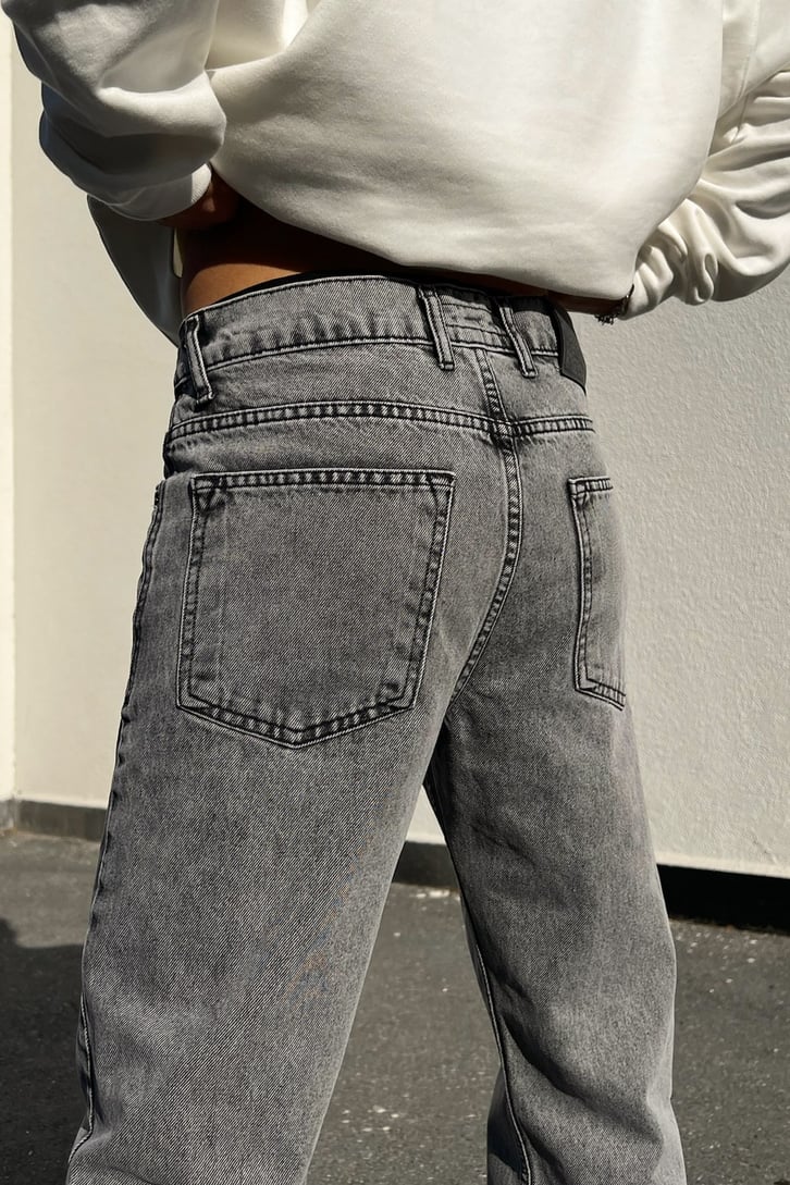 Logo Baskılı Gri Acid Wash Regular Fit Jean