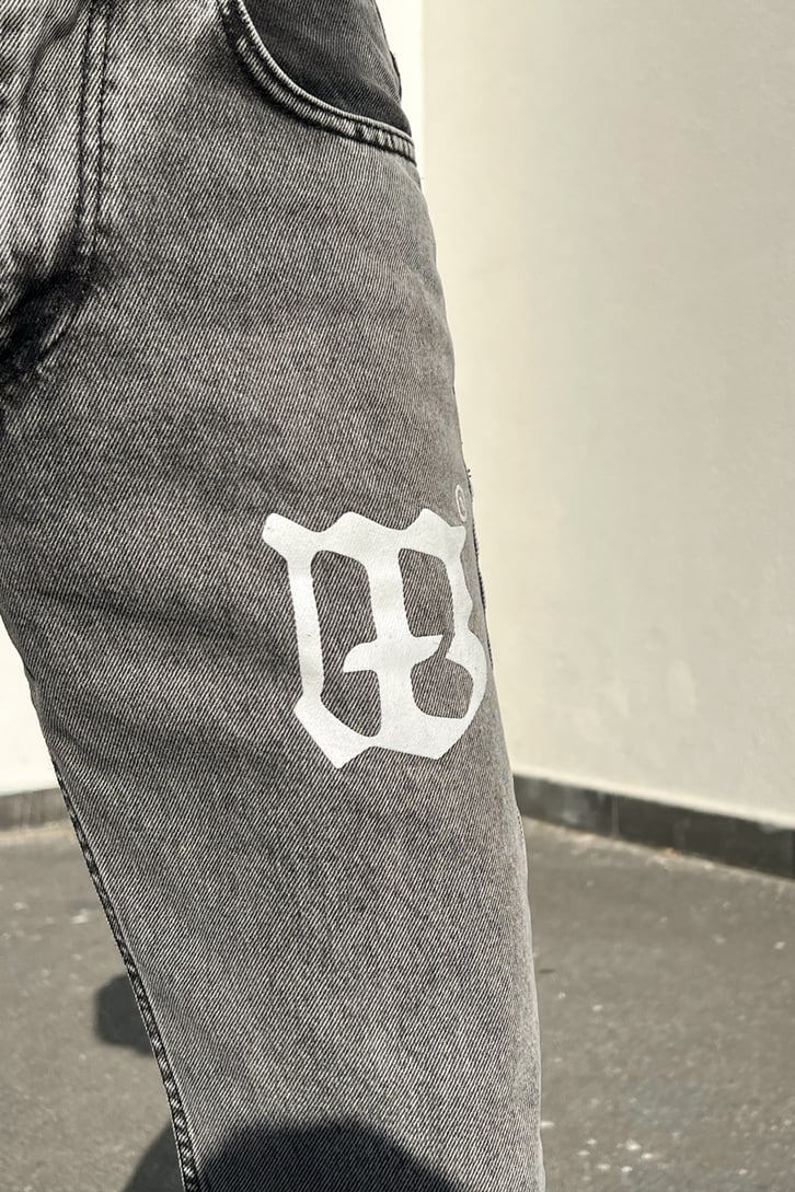 Logo Baskılı Gri Acid Wash Regular Fit Jean