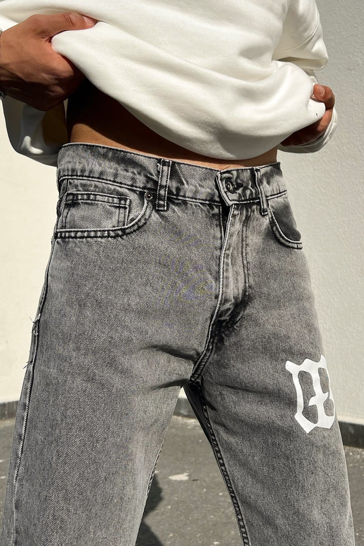 Logo Baskılı Gri Acid Wash Regular Fit Jean