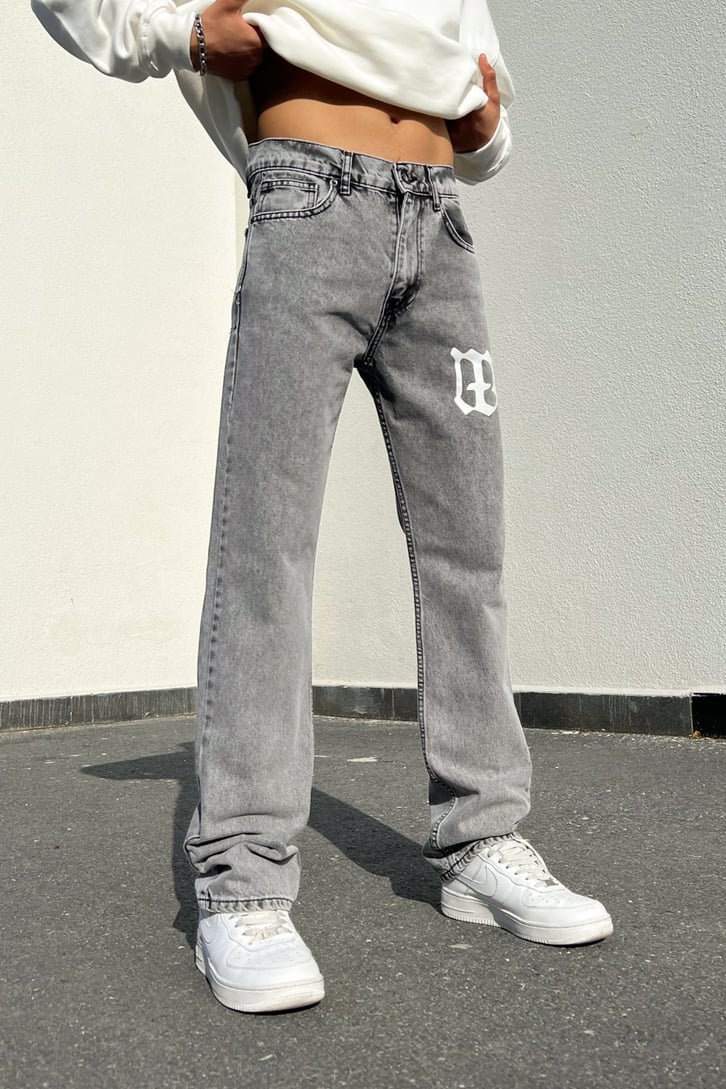 Logo Baskılı Gri Acid Wash Regular Fit Jean