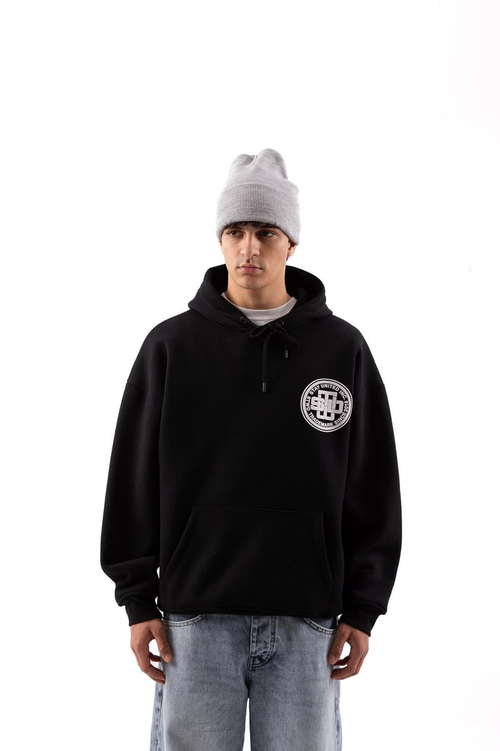 Logo Baskılı Siyah Oversize Hoodie