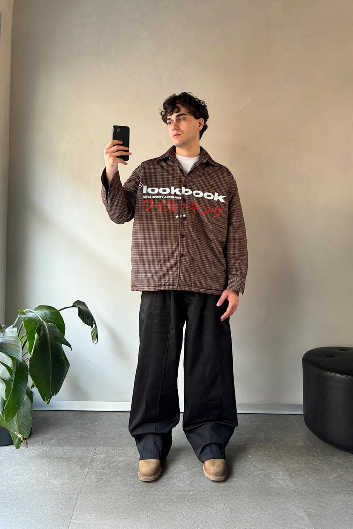 Look Book Baskılı Kahverengi Oversize Şişme Gömlek
