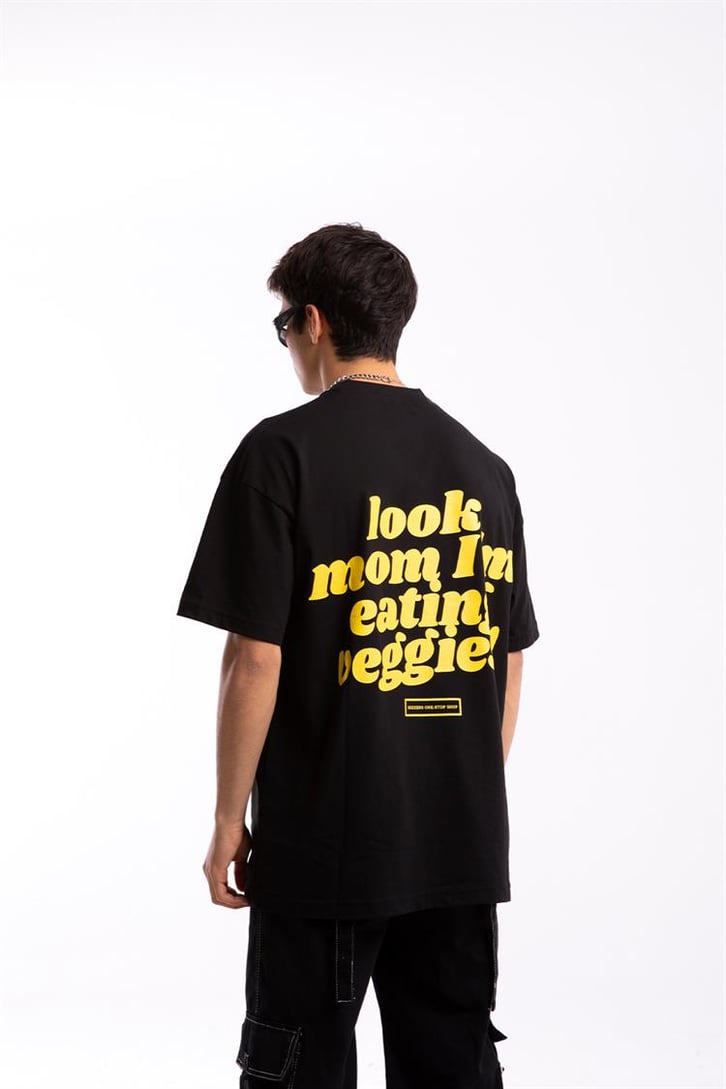 Look Mom Sırt Baskılı Siyah Oversize Tişört