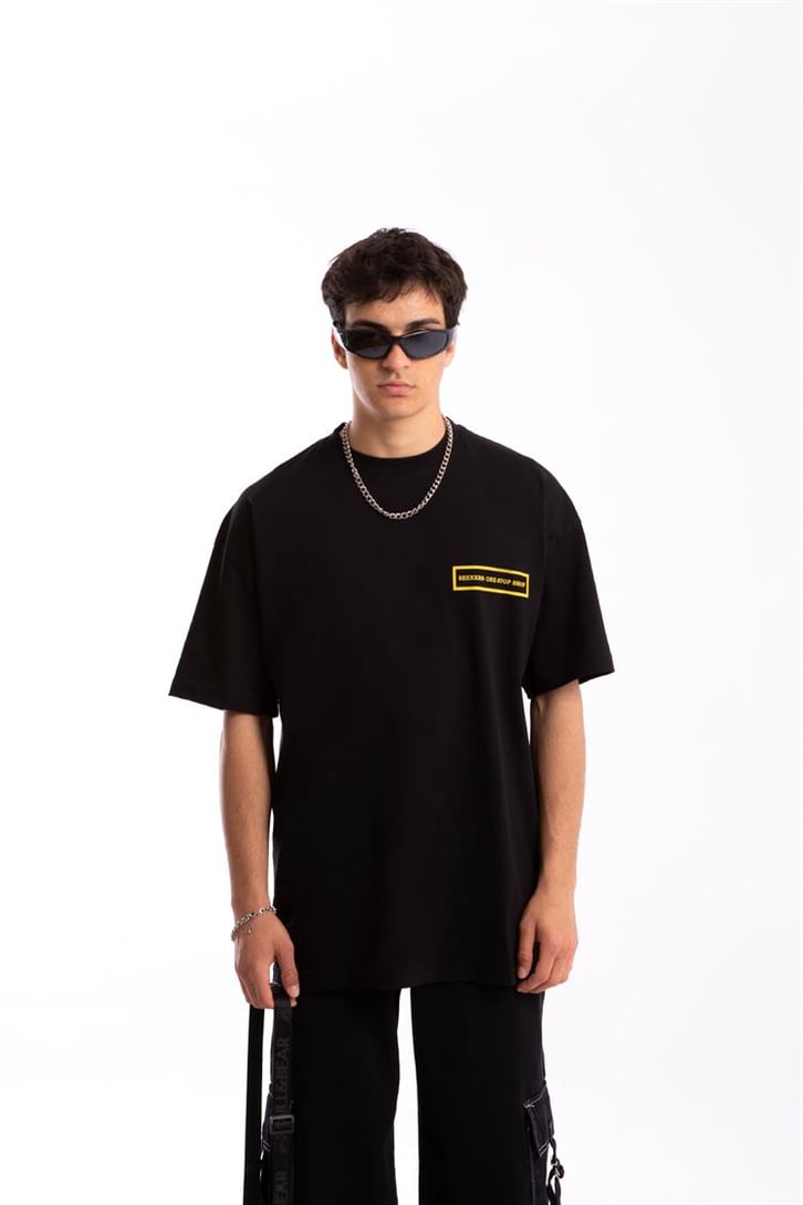 Look Mom Sırt Baskılı Siyah Oversize Tişört