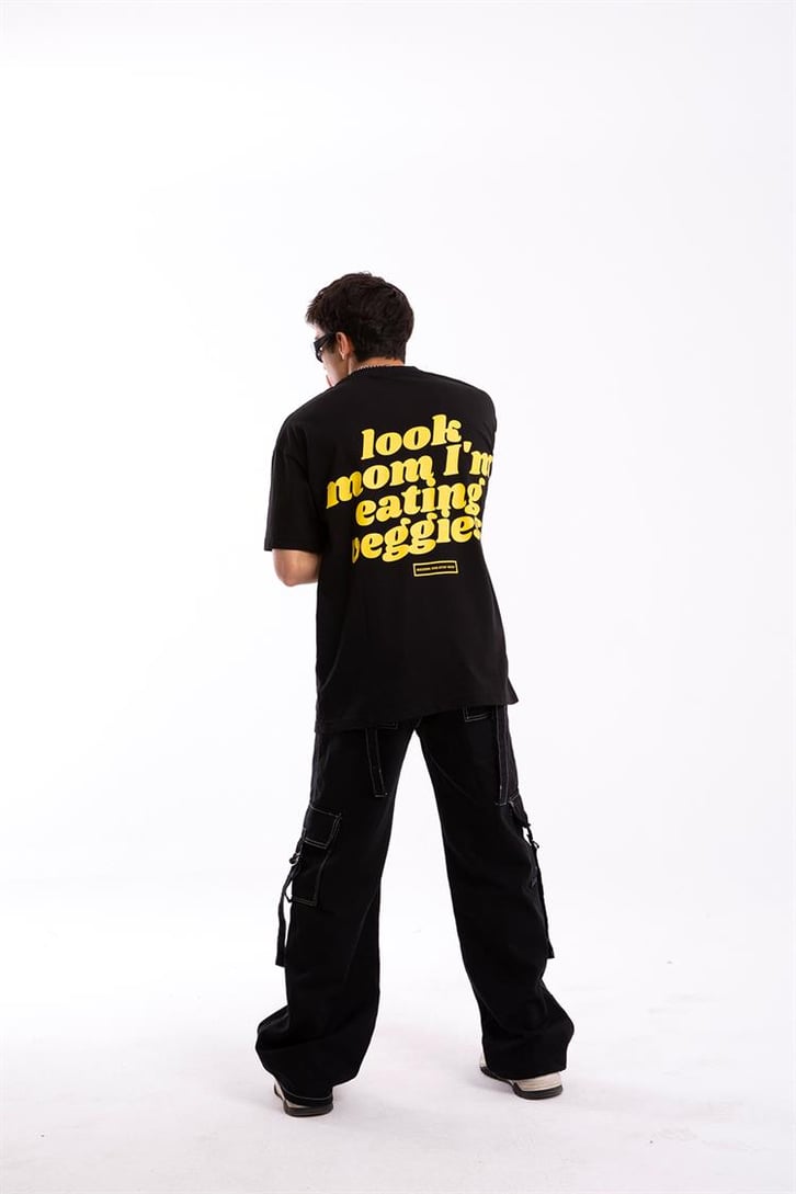 Look Mom Sırt Baskılı Siyah Oversize Tişört
